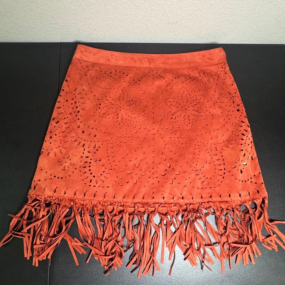 American Eagle Rust Orange Faux Suede Laser Cut Fringe Mini Skirt 6 3670122029